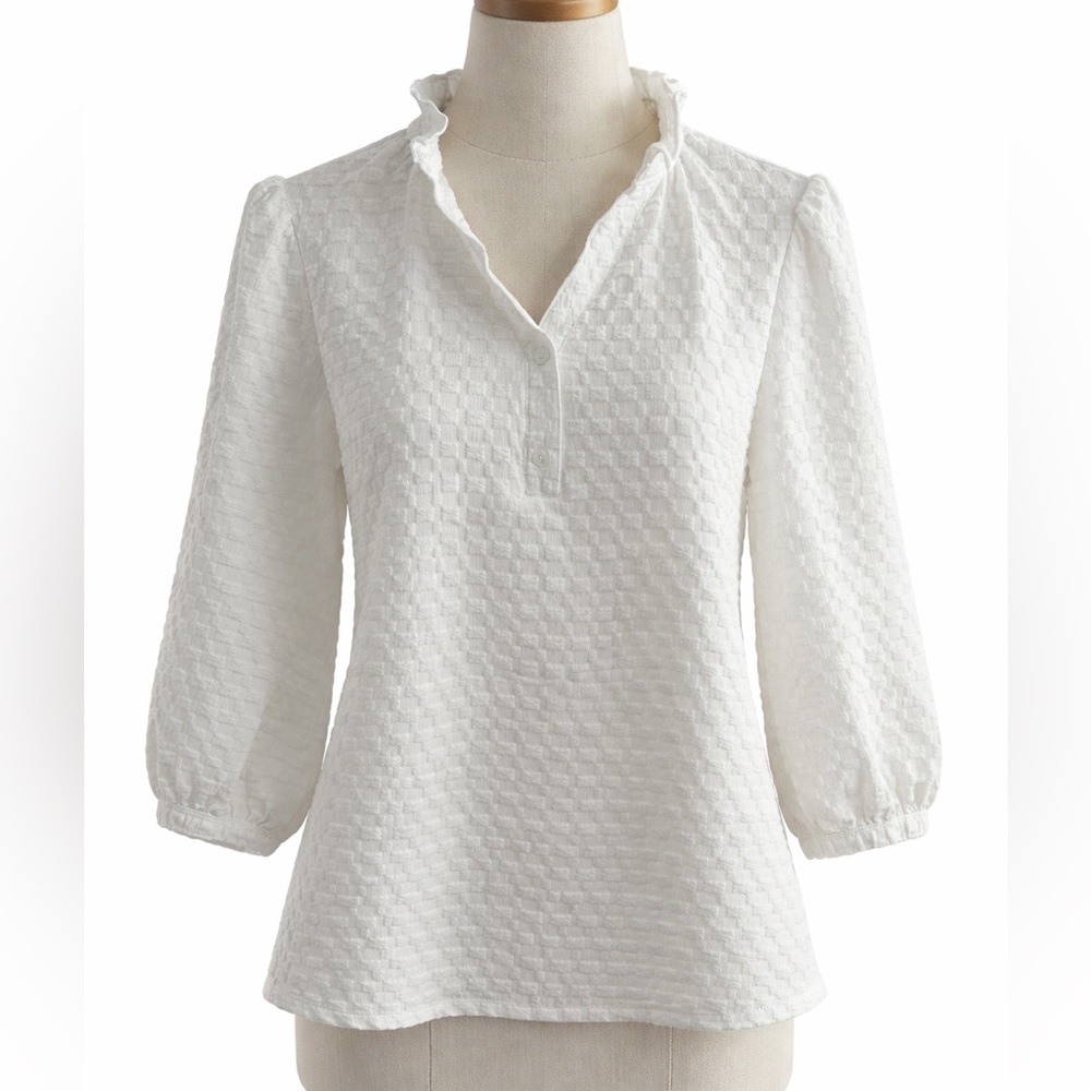 Amazon White Textured Popover Button-Front Blouse